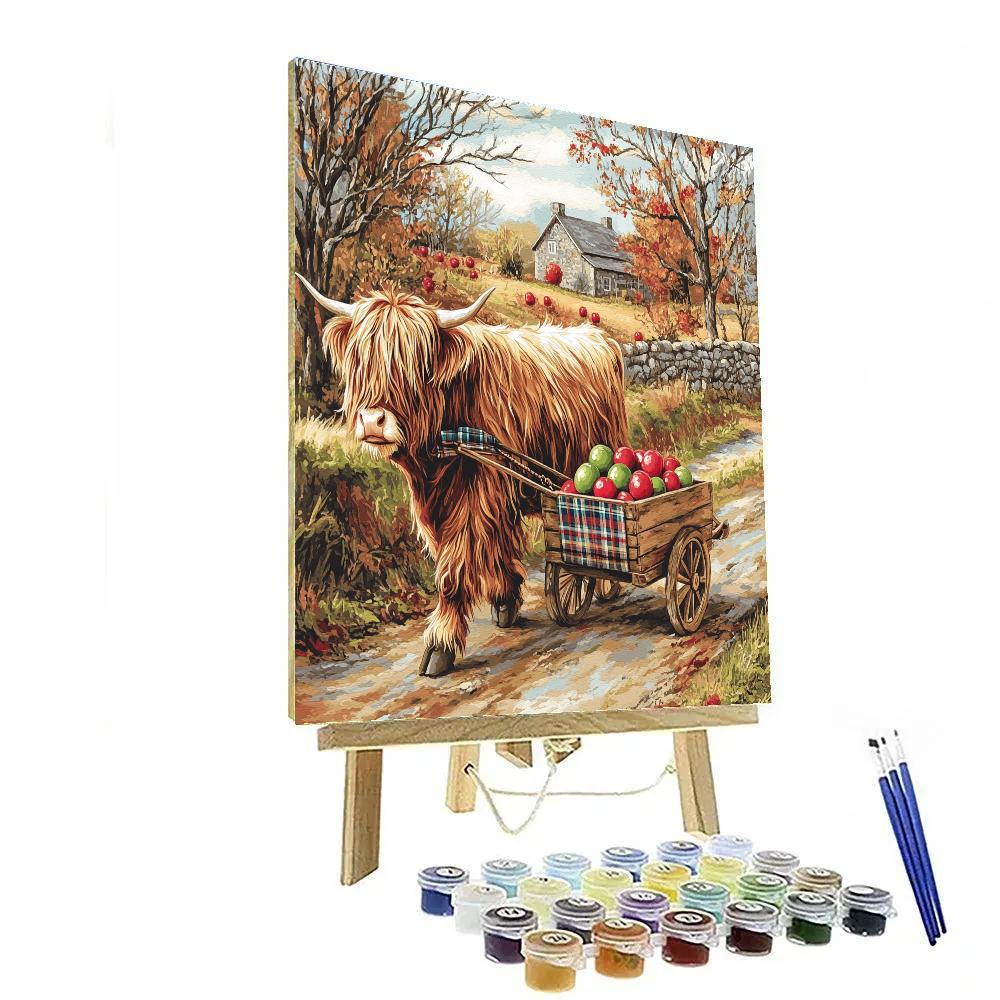 Highland Cow Orchard Helper With Apple Cart paint by color