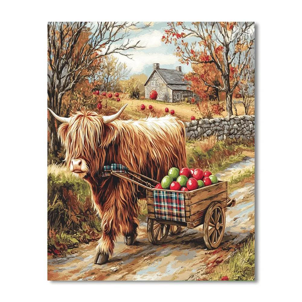 Highland Cow Orchard Helper With Apple Cart paint by color