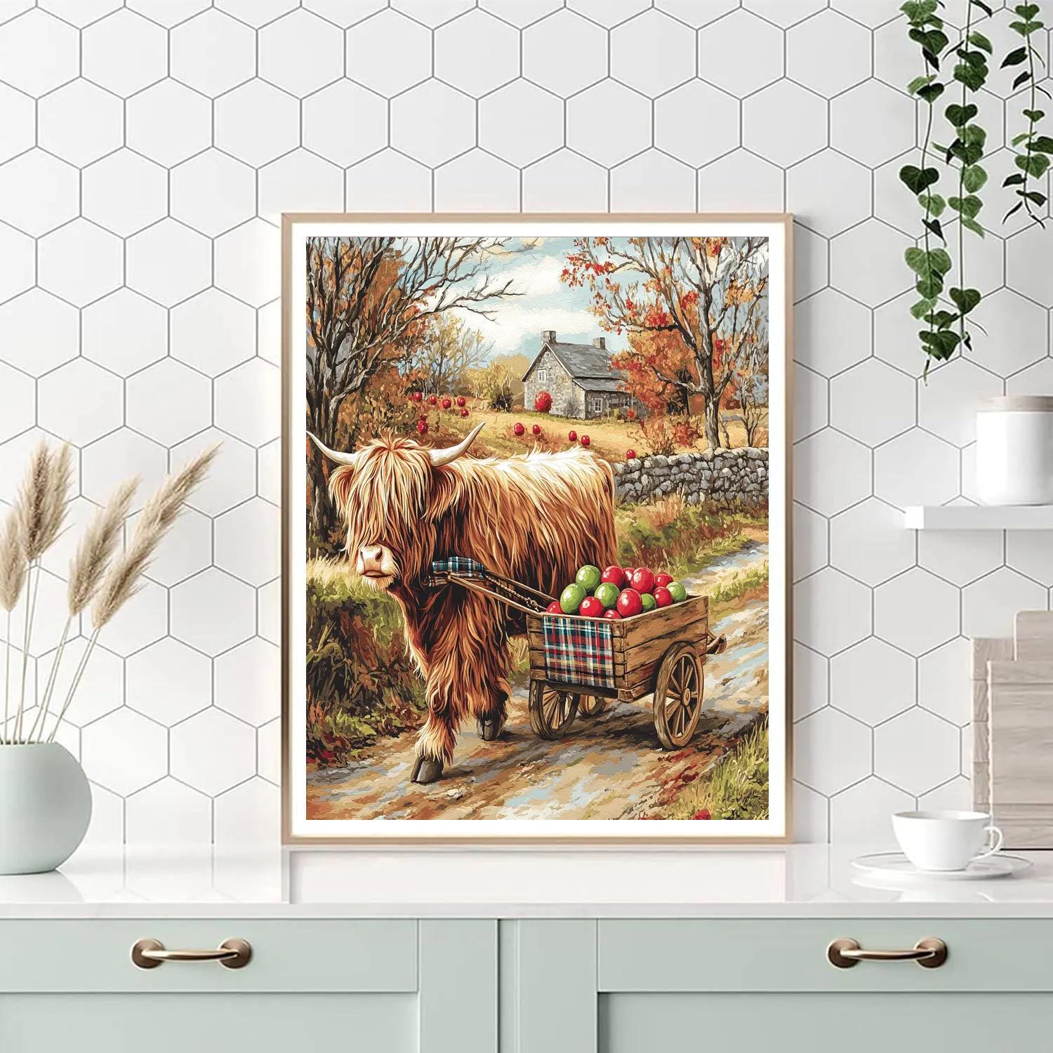 Highland Cow Orchard Helper With Apple Cart paint by color