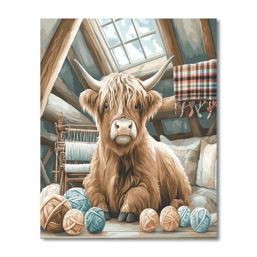 Highland Cow Loft Studio With Yarn And Loom painting number kit