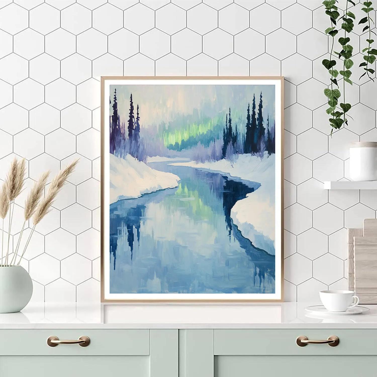 Claude Monet Inspired Aurora Over Winter Riverbend painting number kit