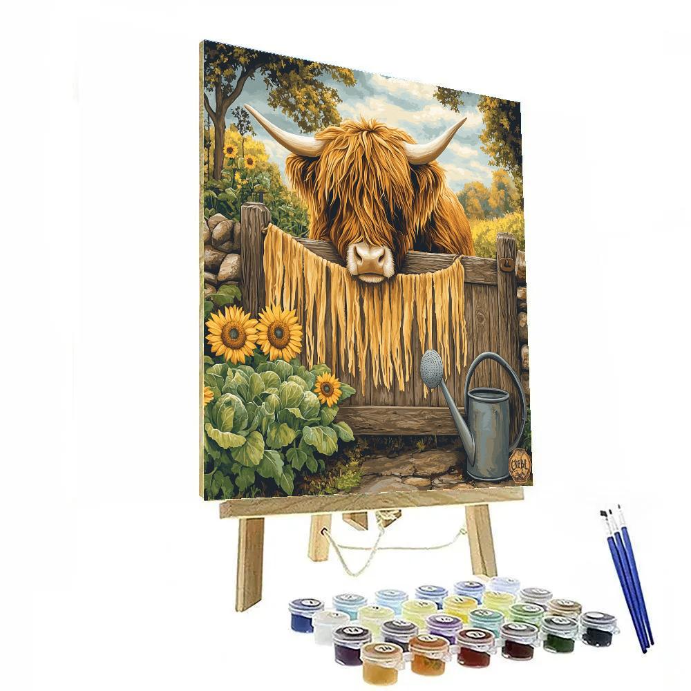 Highland Cow Garden Gate With Sunflowers painting number kit