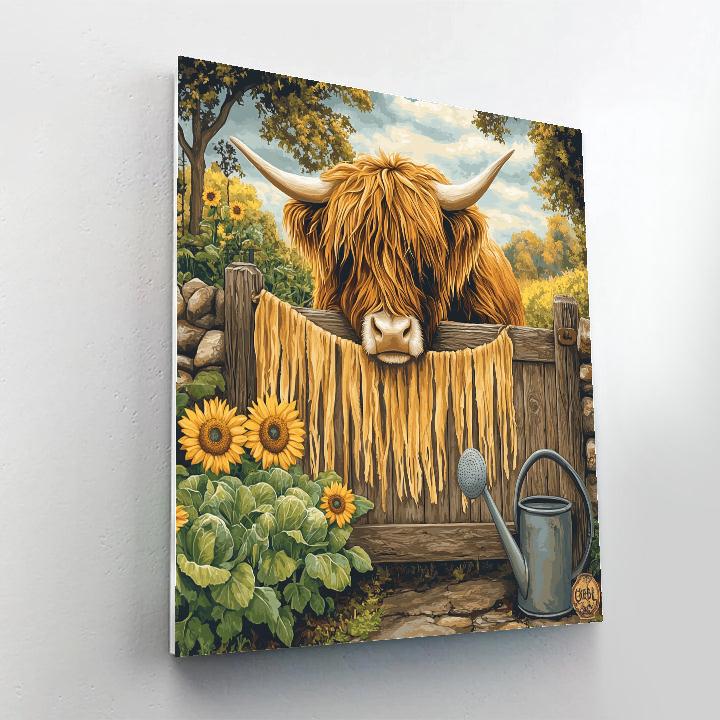 Highland Cow Garden Gate With Sunflowers painting number kit