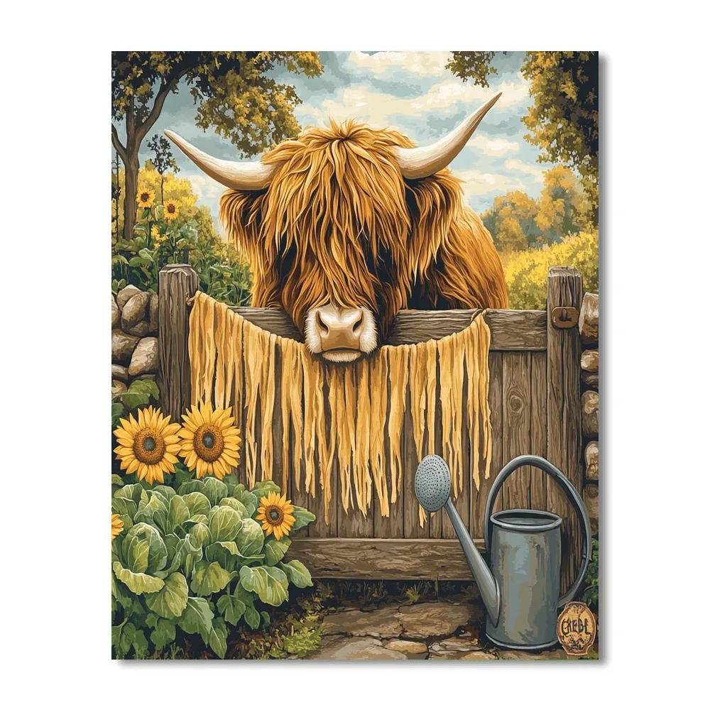 Highland Cow Garden Gate With Sunflowers painting number kit