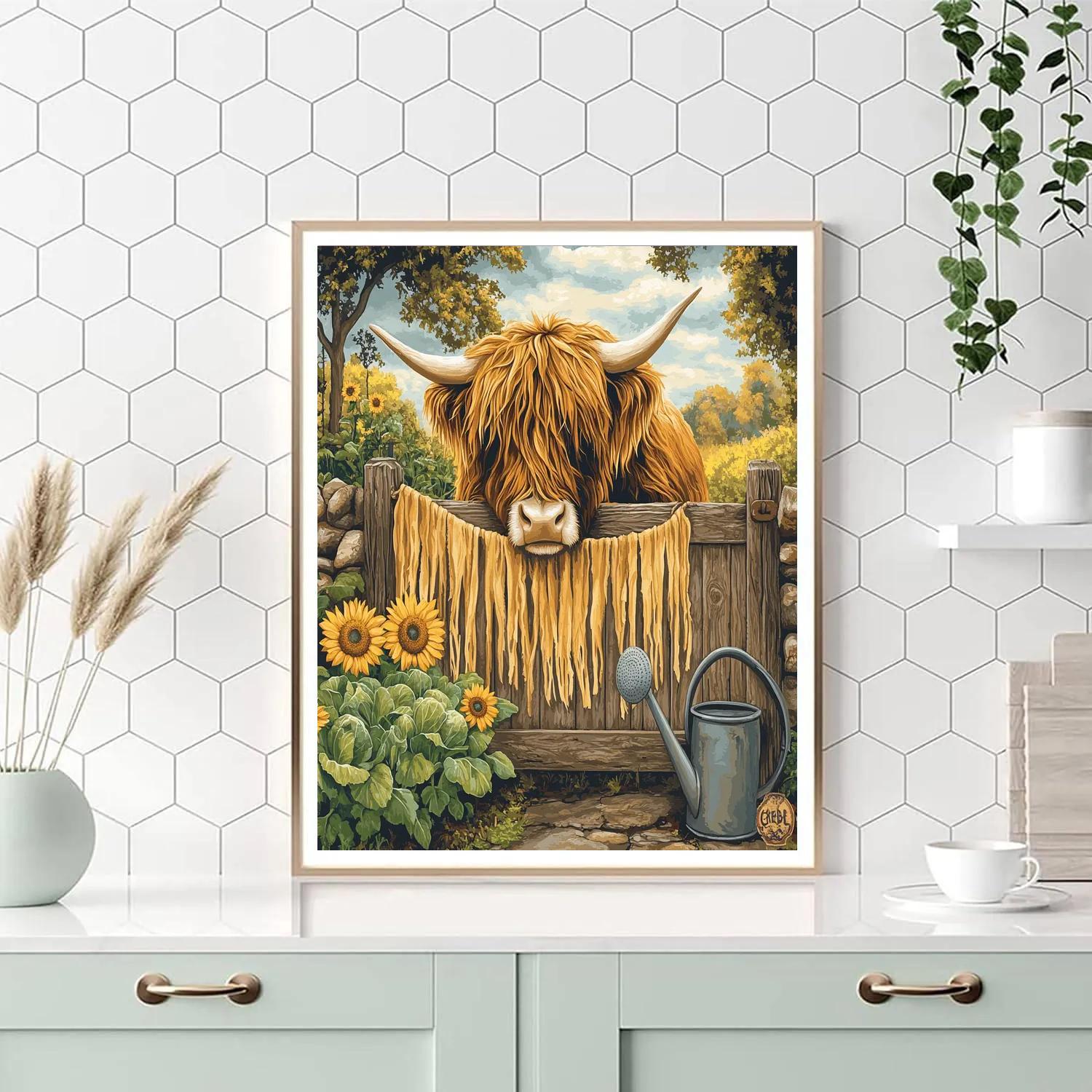 Highland Cow Garden Gate With Sunflowers painting number kit