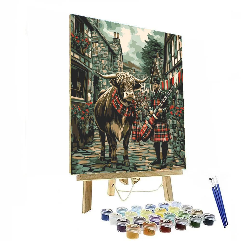 Highland Cow And Bagpipe Parade Moment Painting by numbers kit