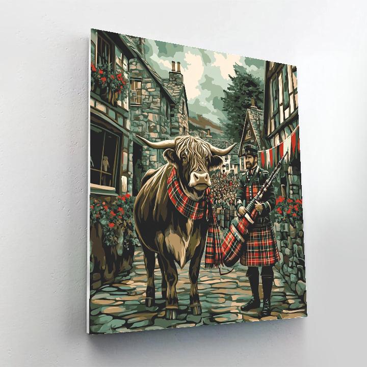 Highland Cow And Bagpipe Parade Moment Painting by numbers kit