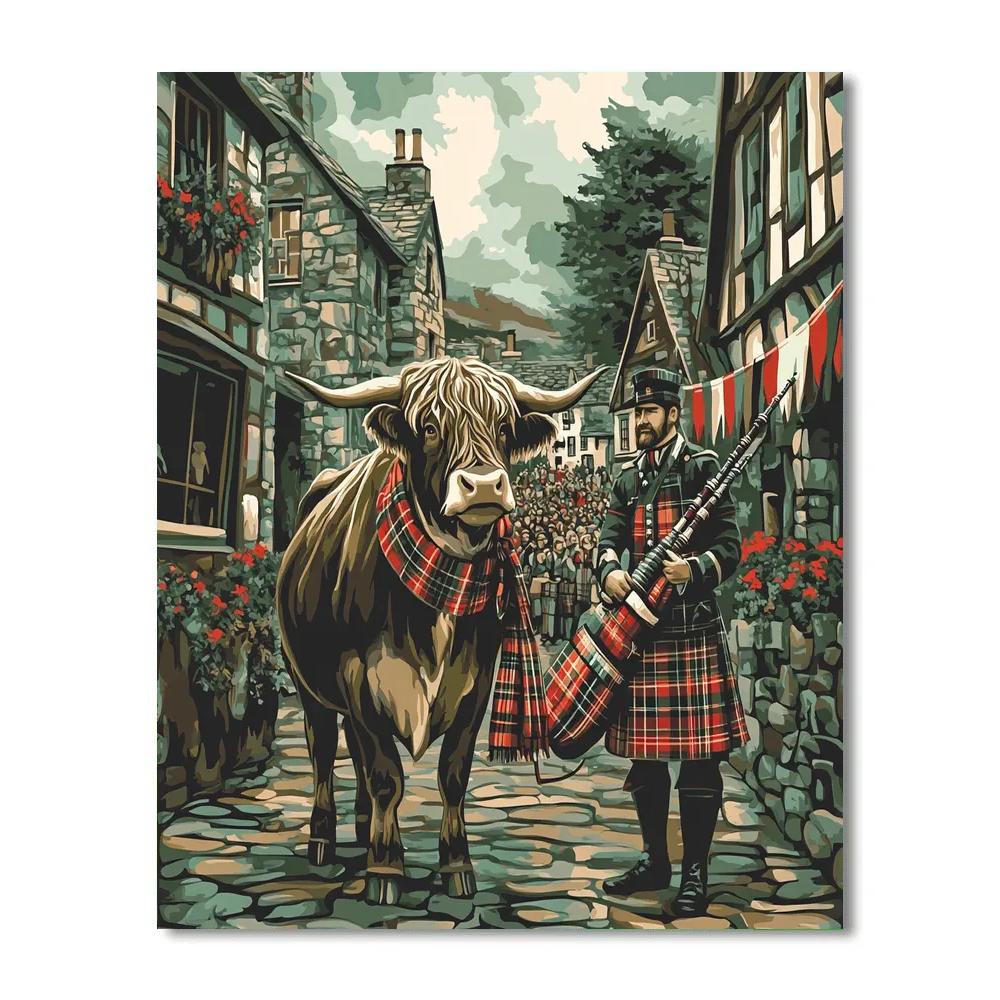 Highland Cow And Bagpipe Parade Moment Painting by numbers kit