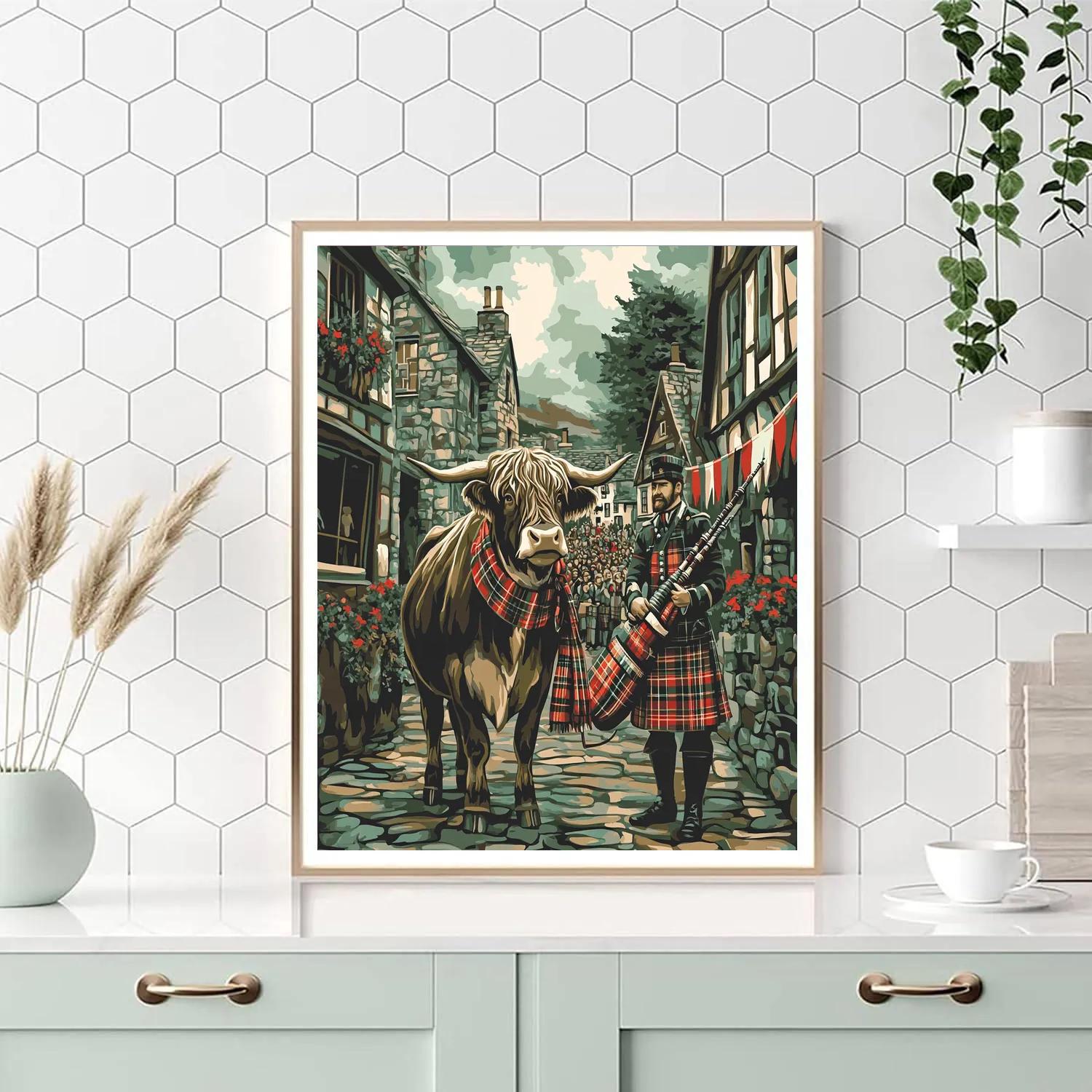 Highland Cow And Bagpipe Parade Moment Painting by numbers kit