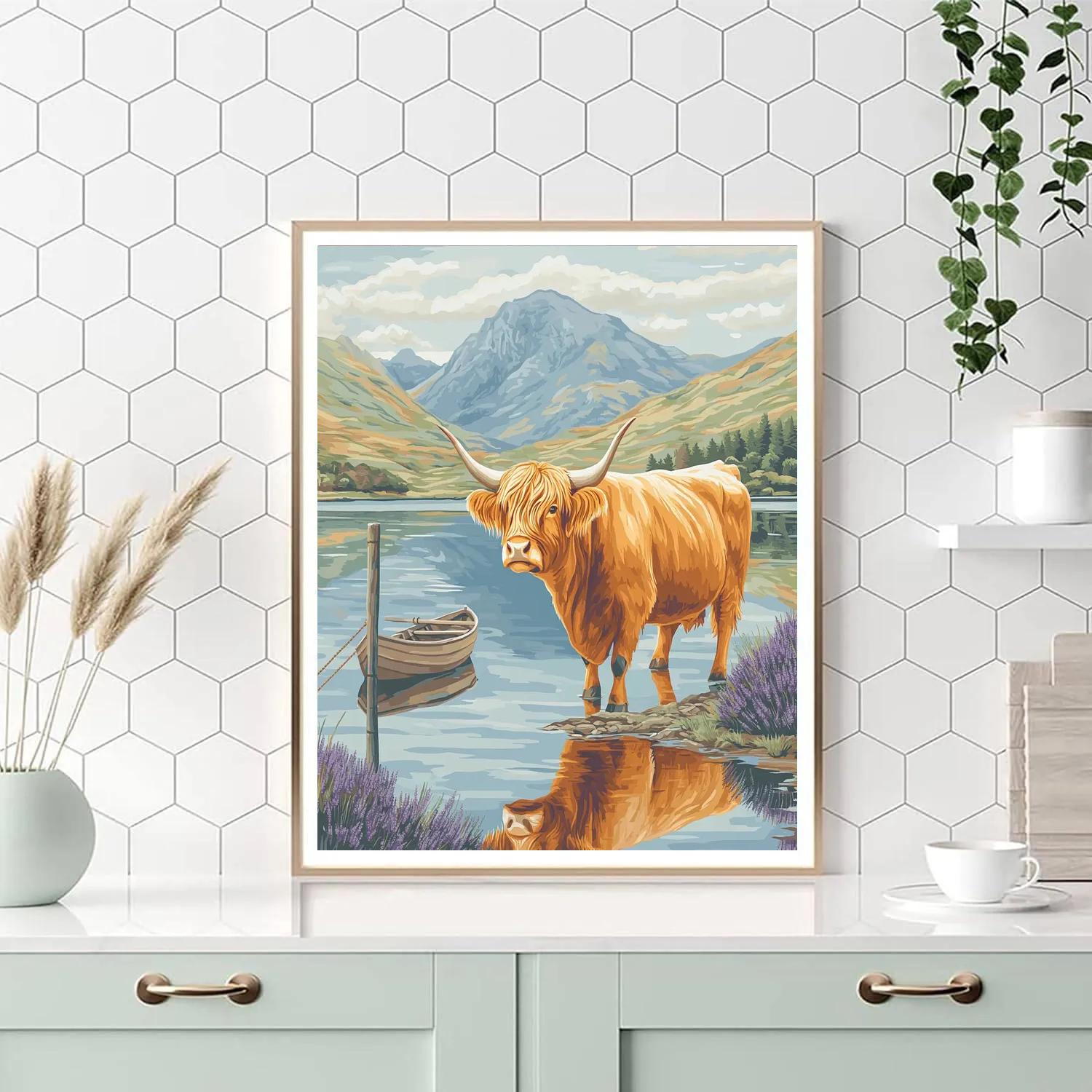 Highland Cow Loch Reflection Serenity Painting by numbers kit