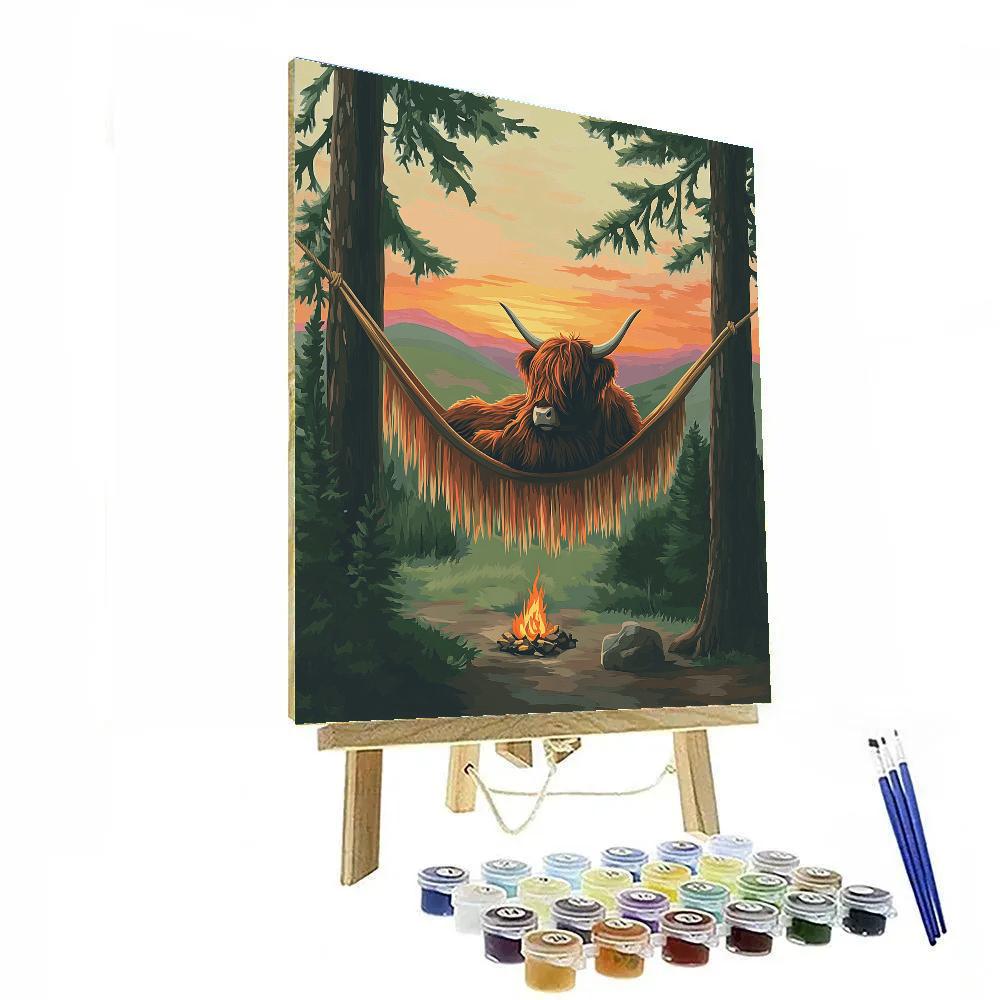 Highland Cow Sunset Hammock Between Pines paint by numbers
