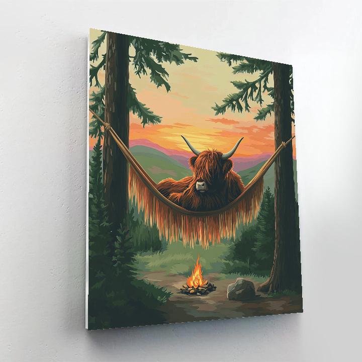 Highland Cow Sunset Hammock Between Pines paint by numbers