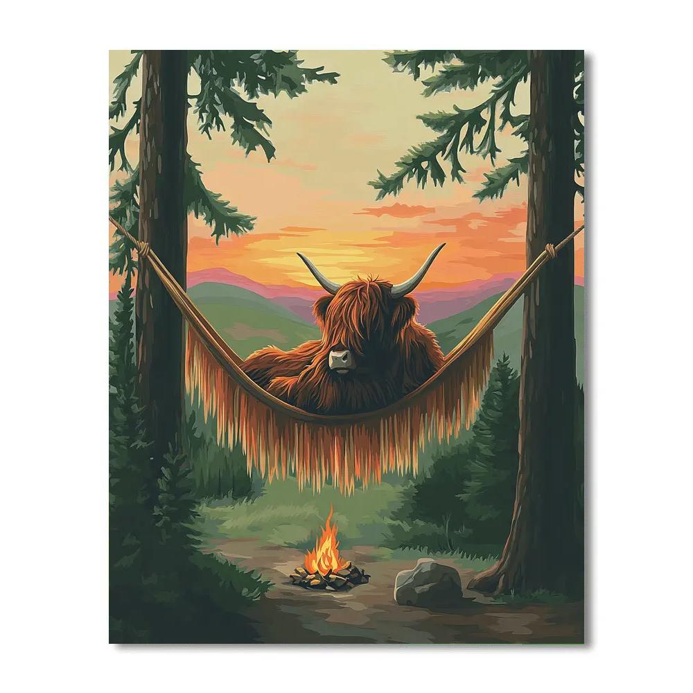Highland Cow Sunset Hammock Between Pines paint by numbers