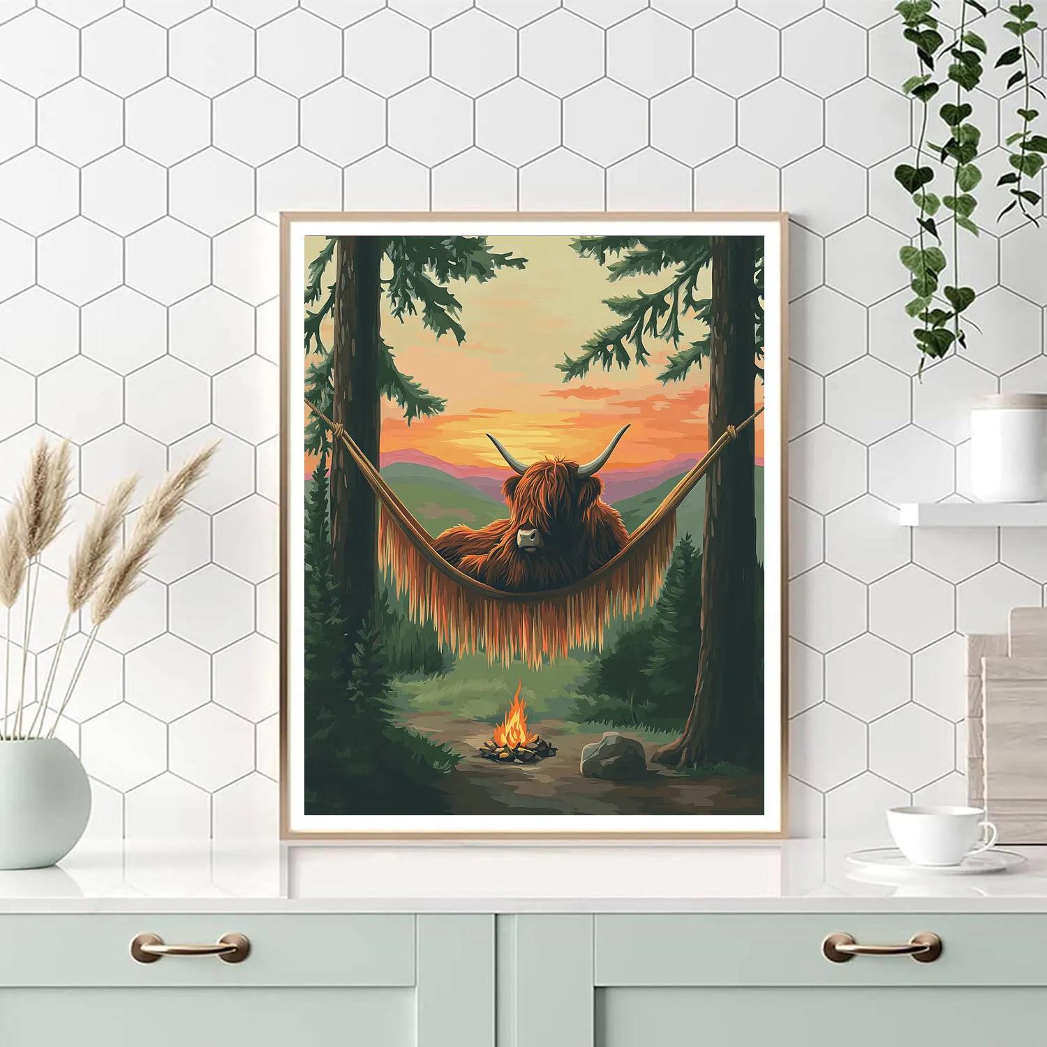 Highland Cow Sunset Hammock Between Pines paint by numbers