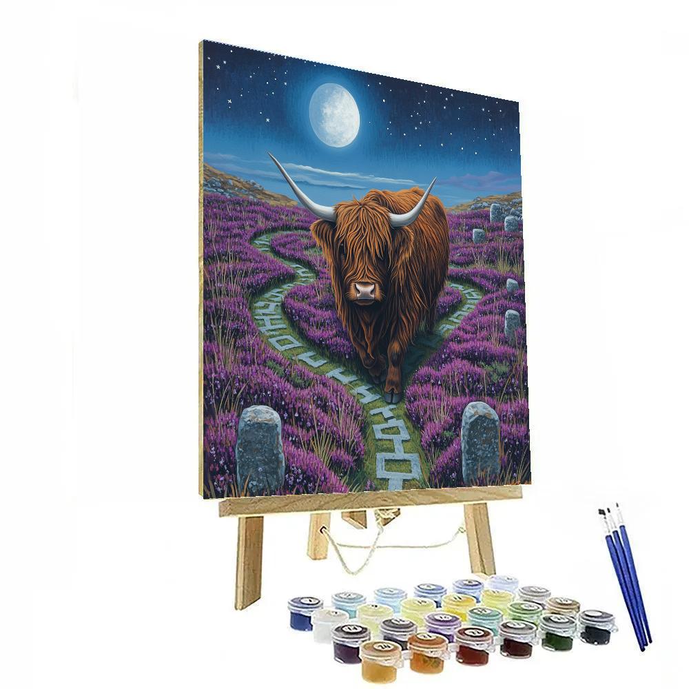 Highland Cow Moonlit Heather Maze painting number kit