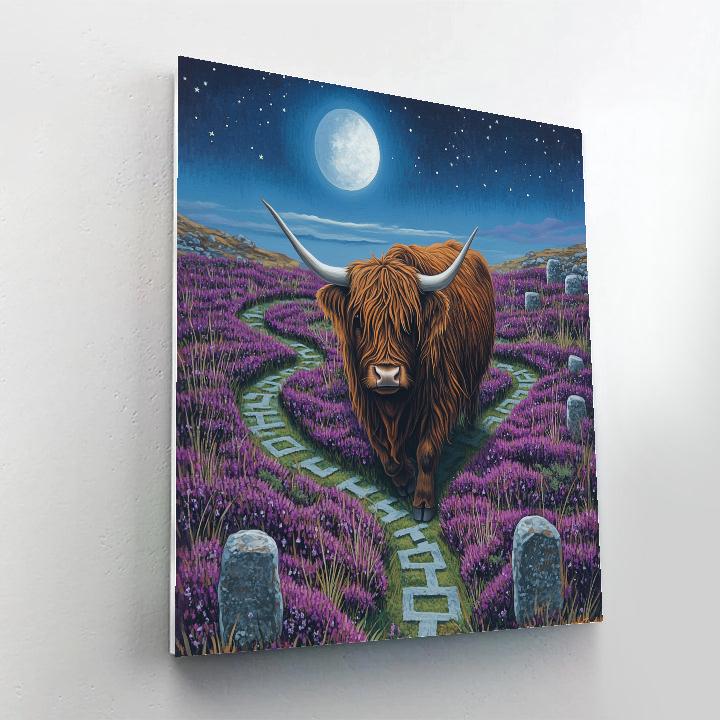 Highland Cow Moonlit Heather Maze painting number kit