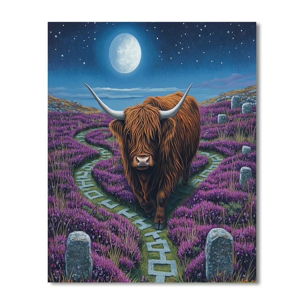 Highland Cow Moonlit Heather Maze painting number kit