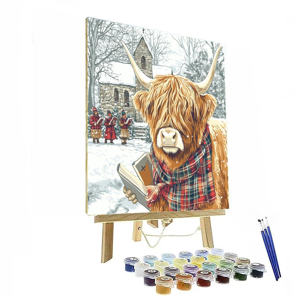 Highland Cow Winter Carol By The Churchyard Painting by numbers kit