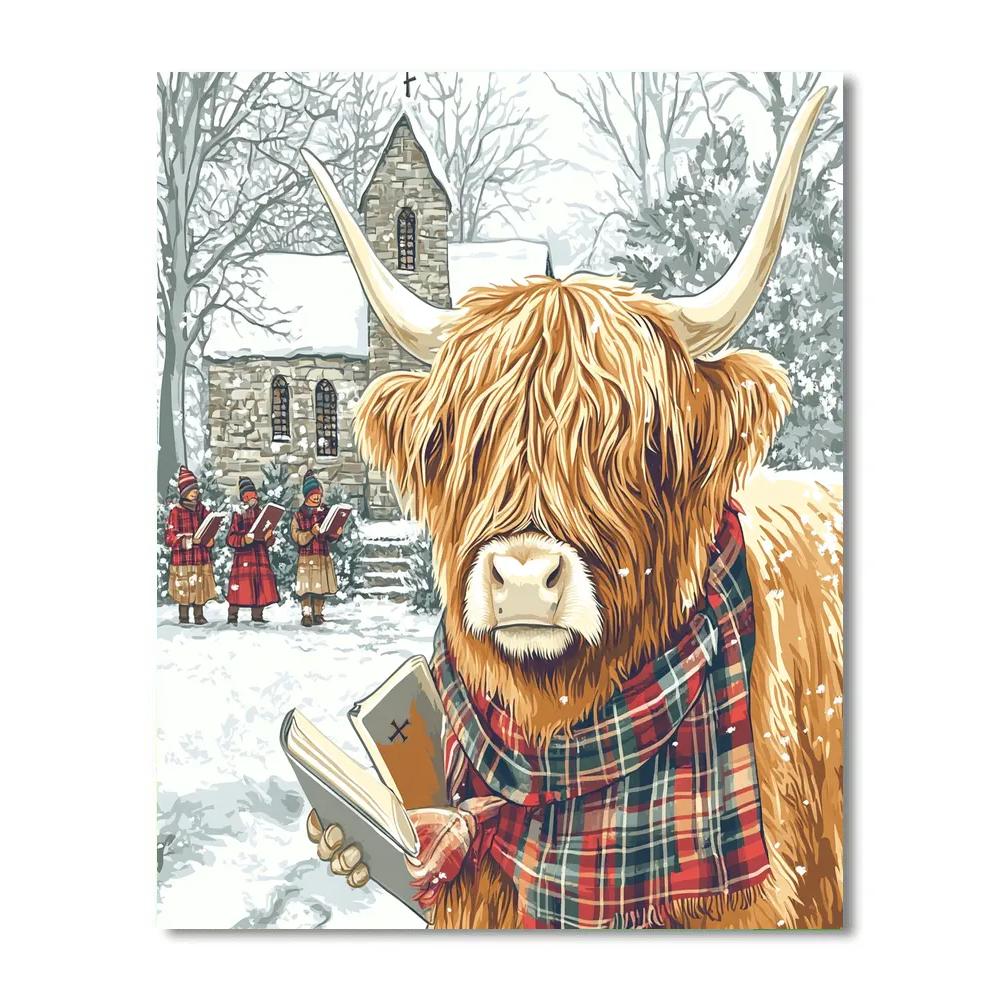 Highland Cow Winter Carol By The Churchyard Painting by numbers kit