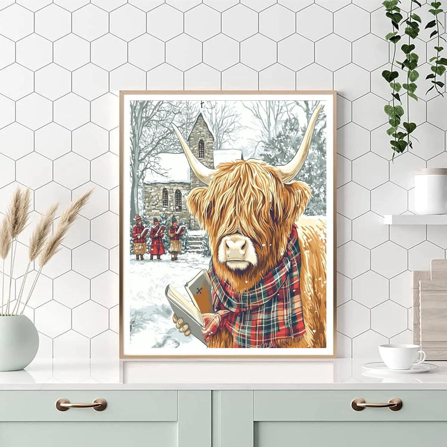 Highland Cow Winter Carol By The Churchyard Painting by numbers kit