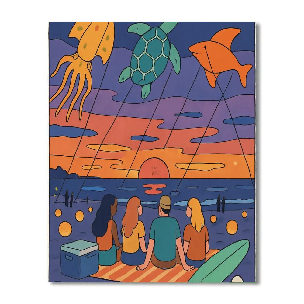 Sunset Kites Over The Beach paint by color