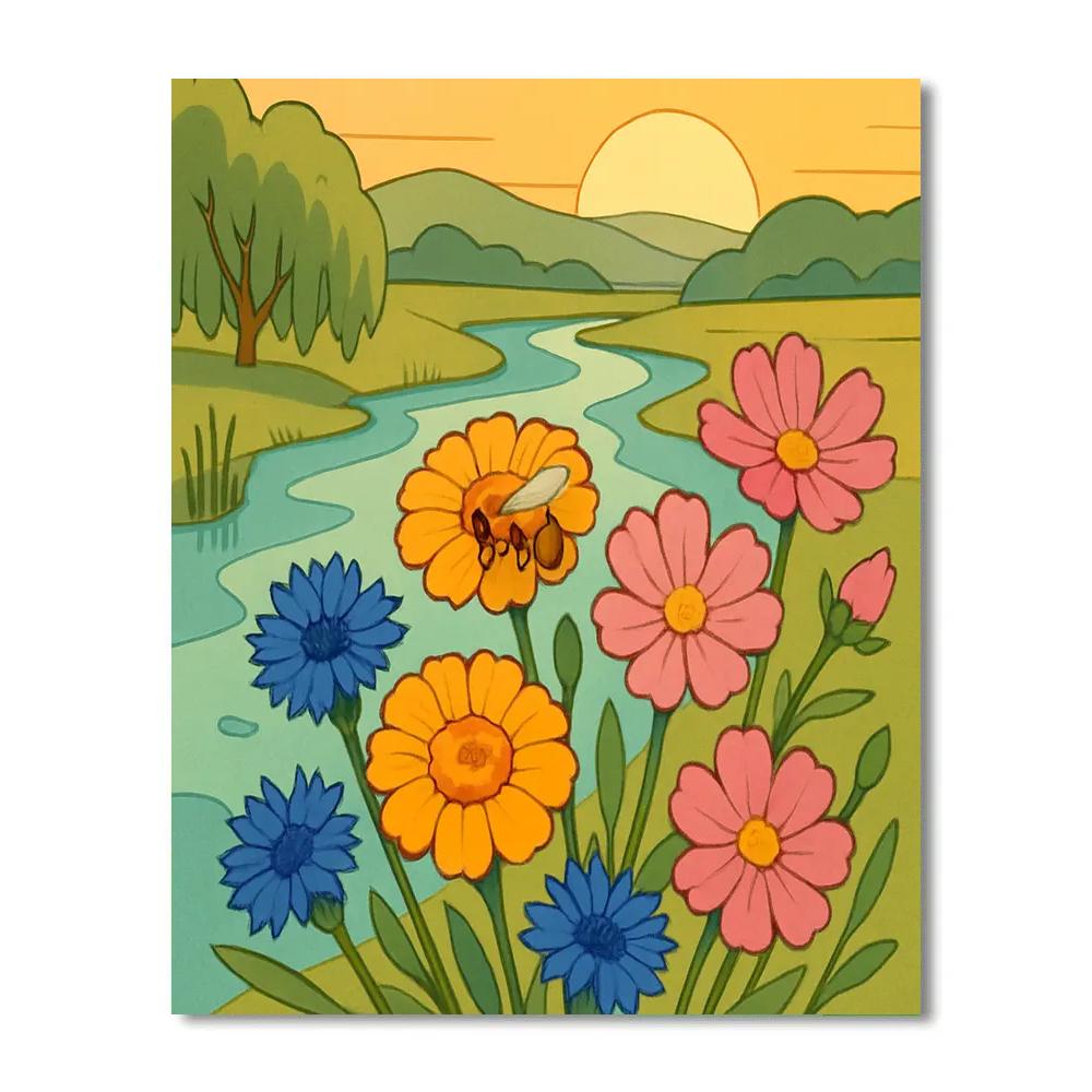 Riverbend Bouquet With Flowers In Golden Sunrise Paint by numbers art