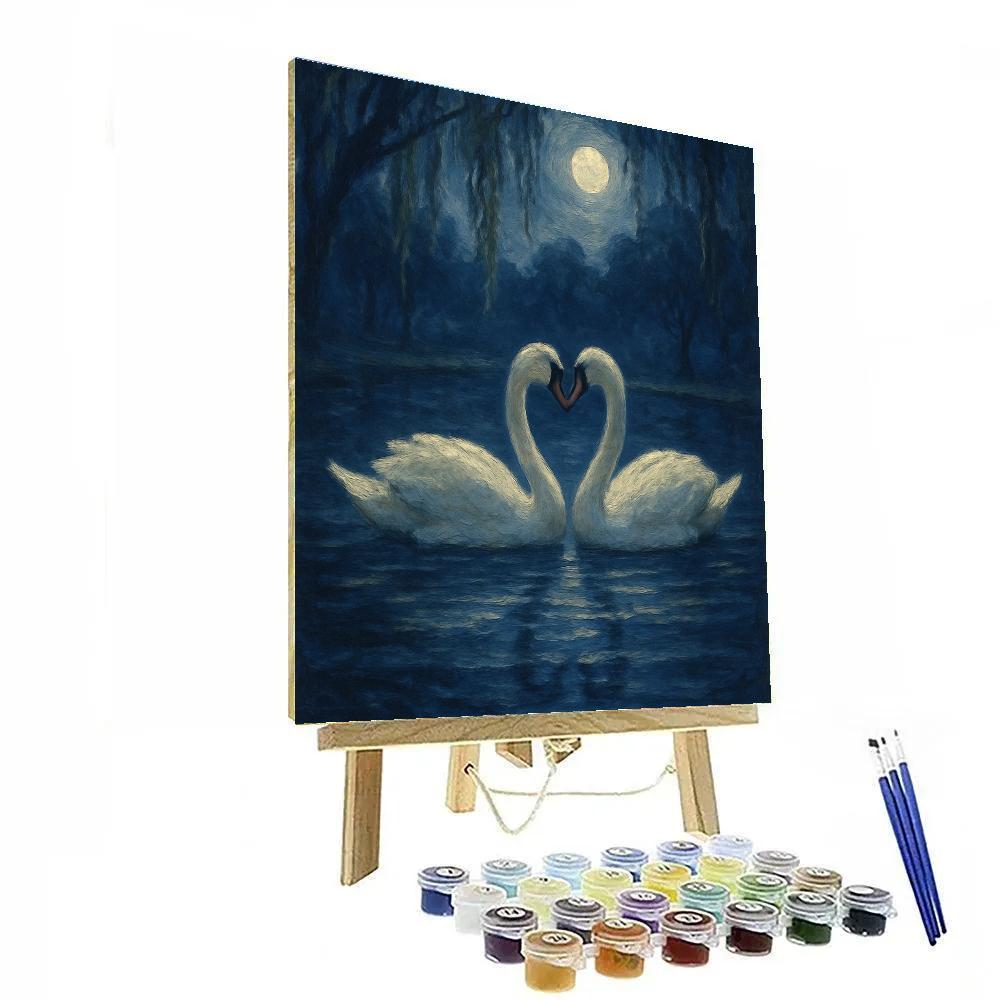 Moonlit Swans On A Still Indigo Pond paint by number