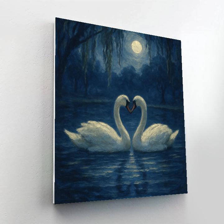 Moonlit Swans On A Still Indigo Pond paint by number