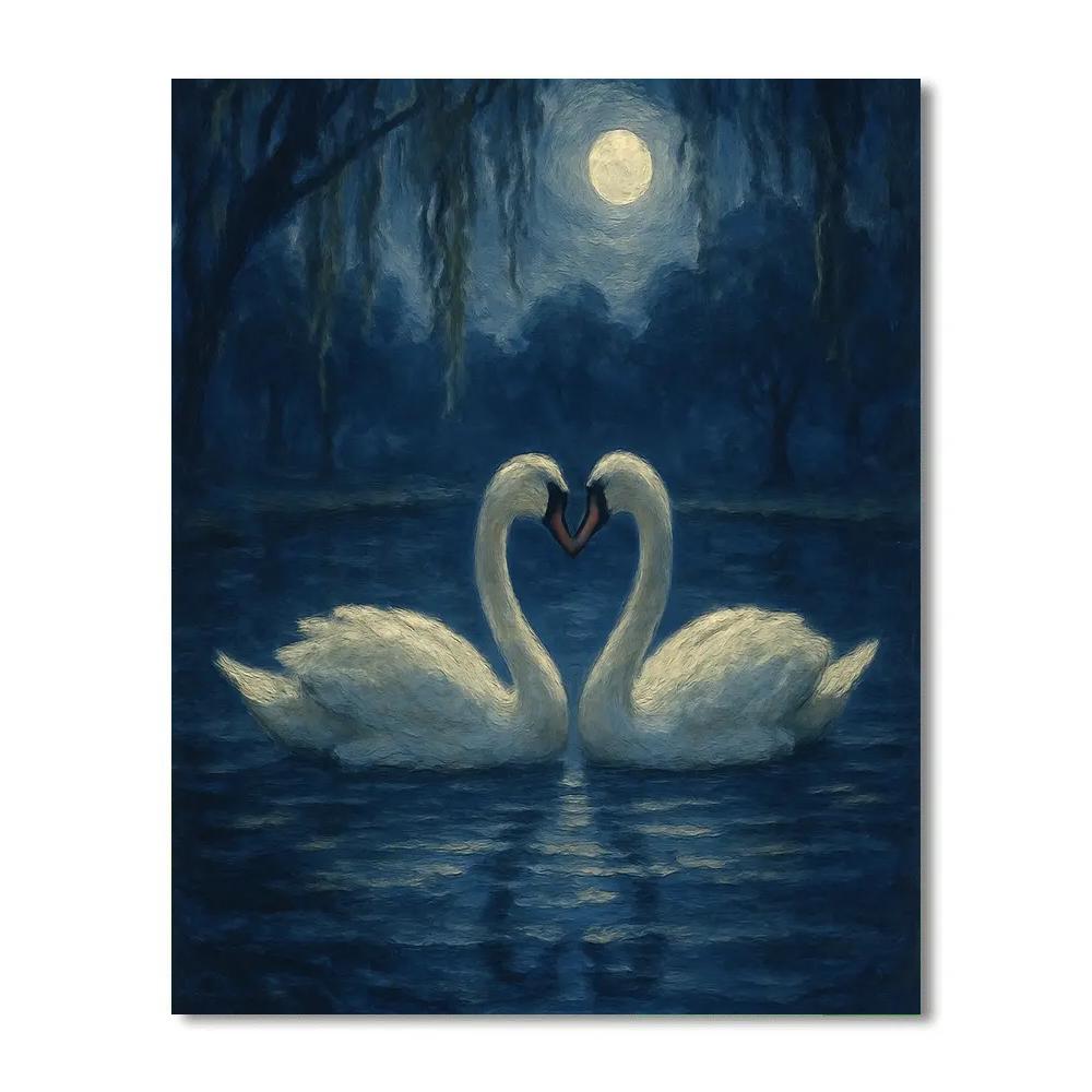 Moonlit Swans On A Still Indigo Pond paint by number