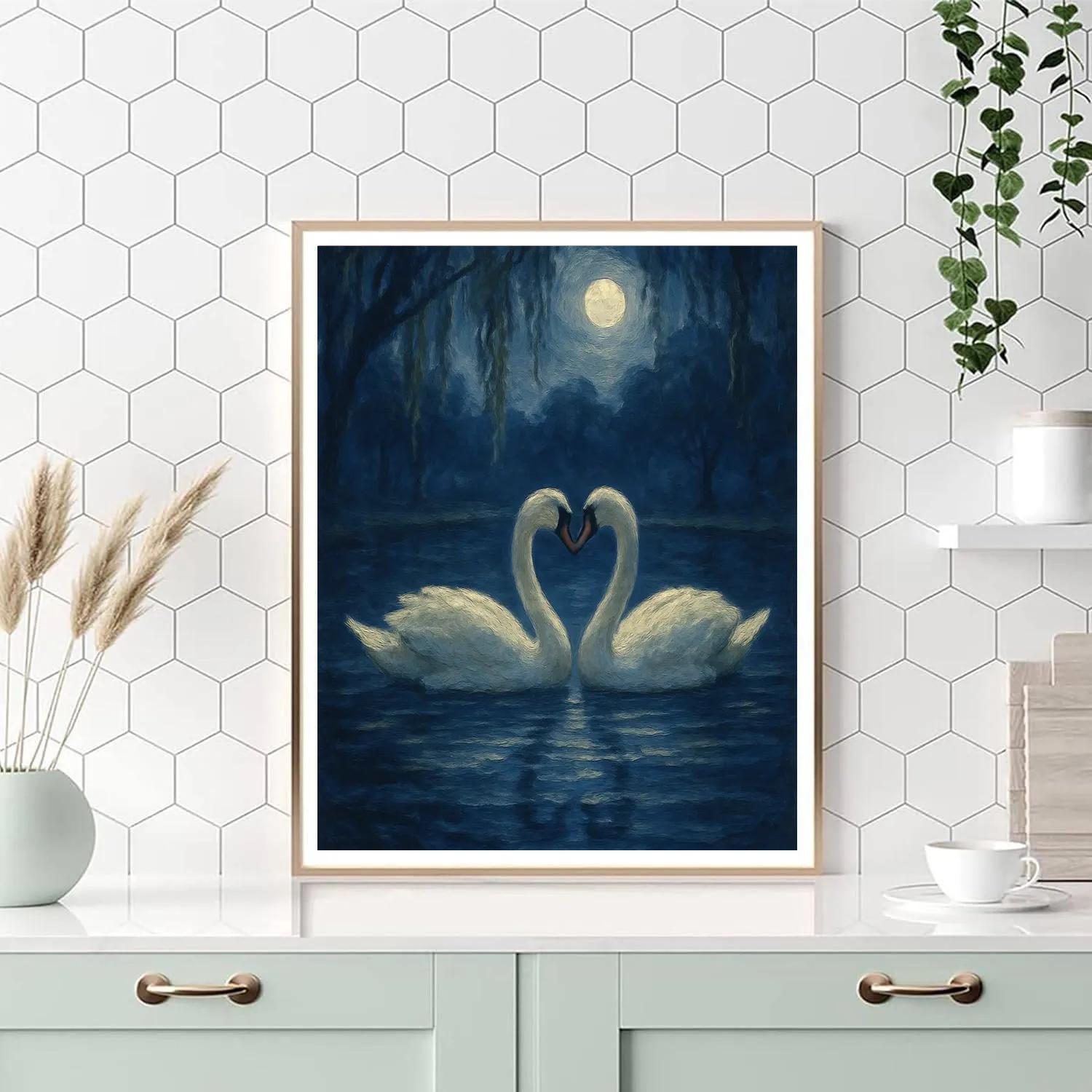 Moonlit Swans On A Still Indigo Pond paint by number