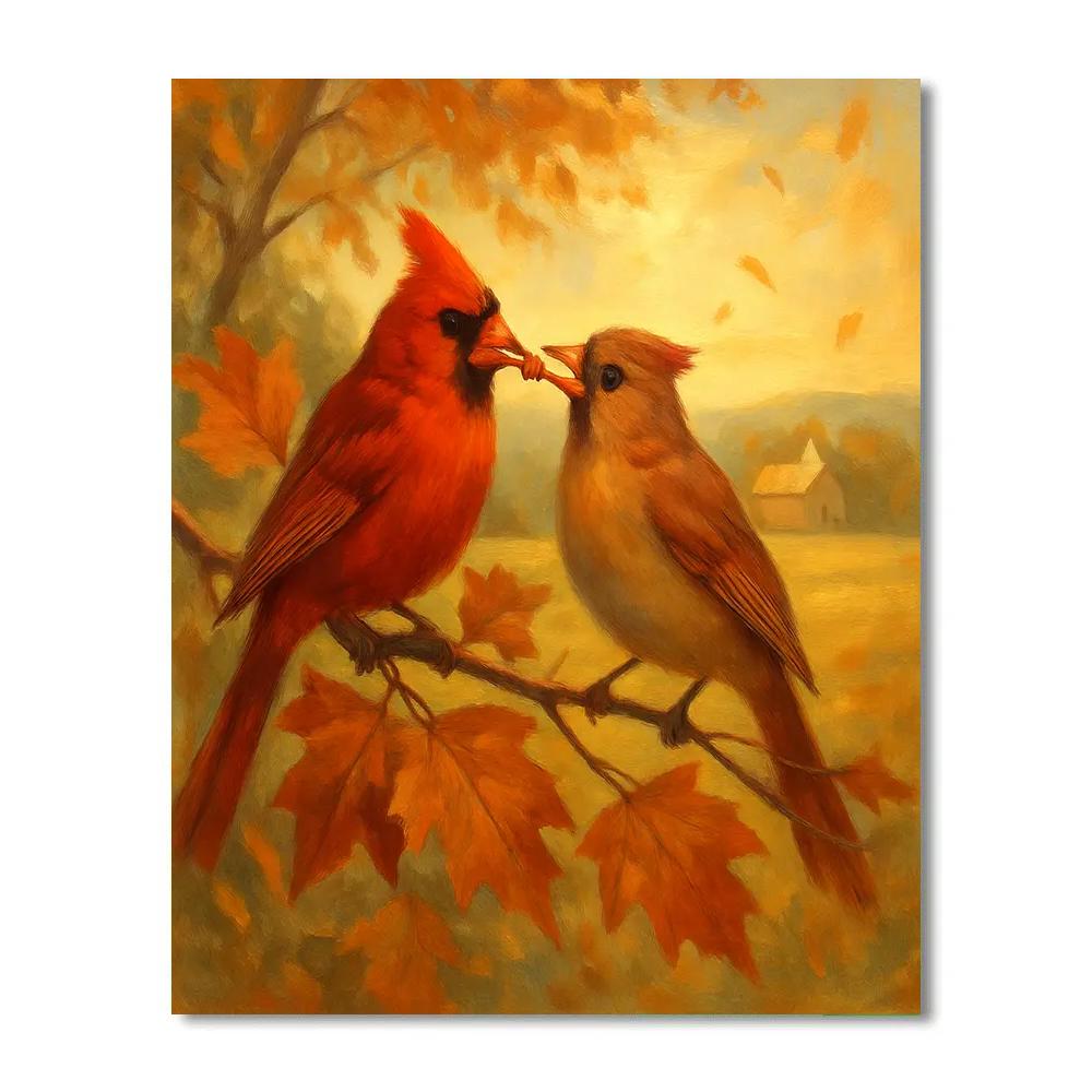 Autumn Hearth Cardinals In Copper Leaves Painting by numbers kit