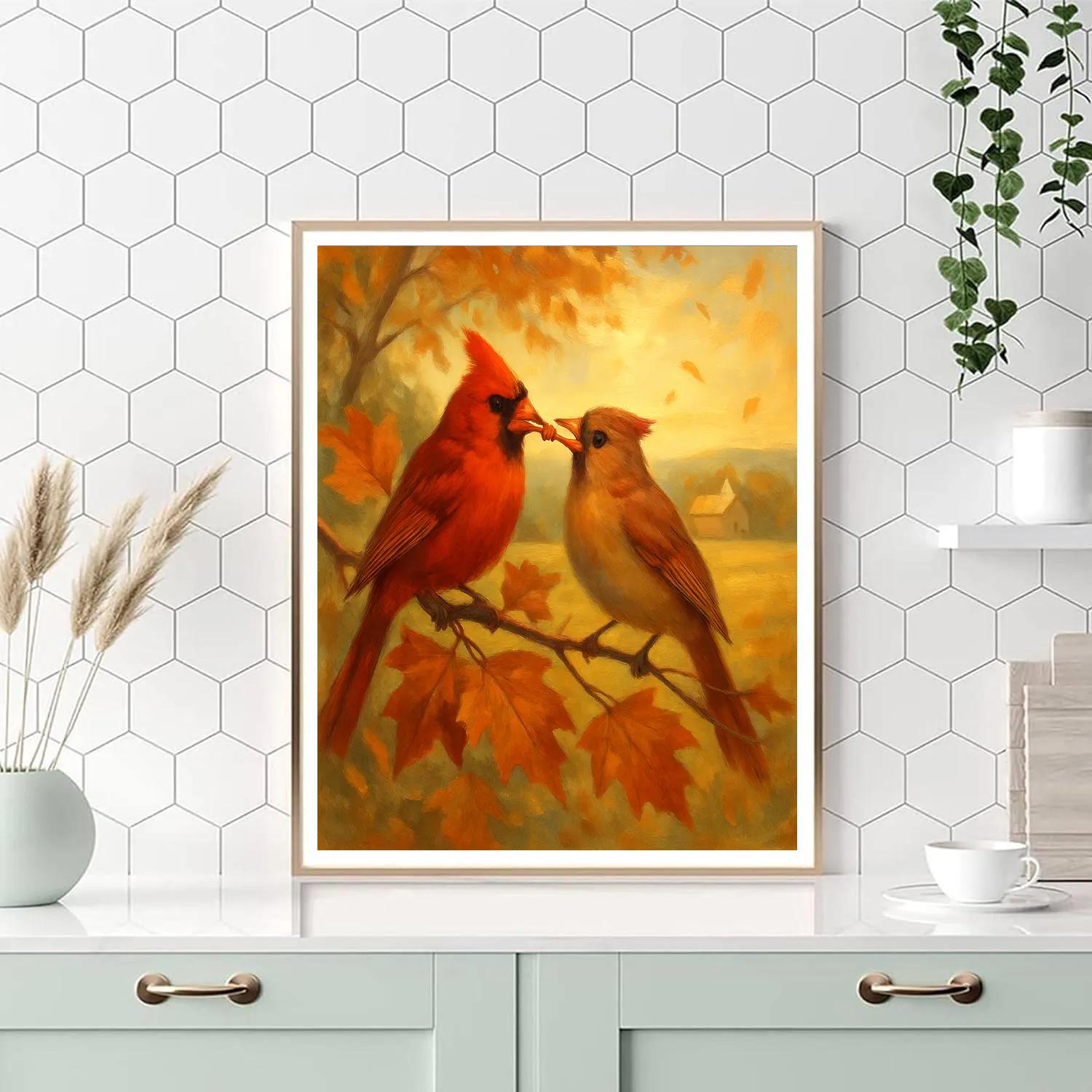Autumn Hearth Cardinals In Copper Leaves Painting by numbers kit