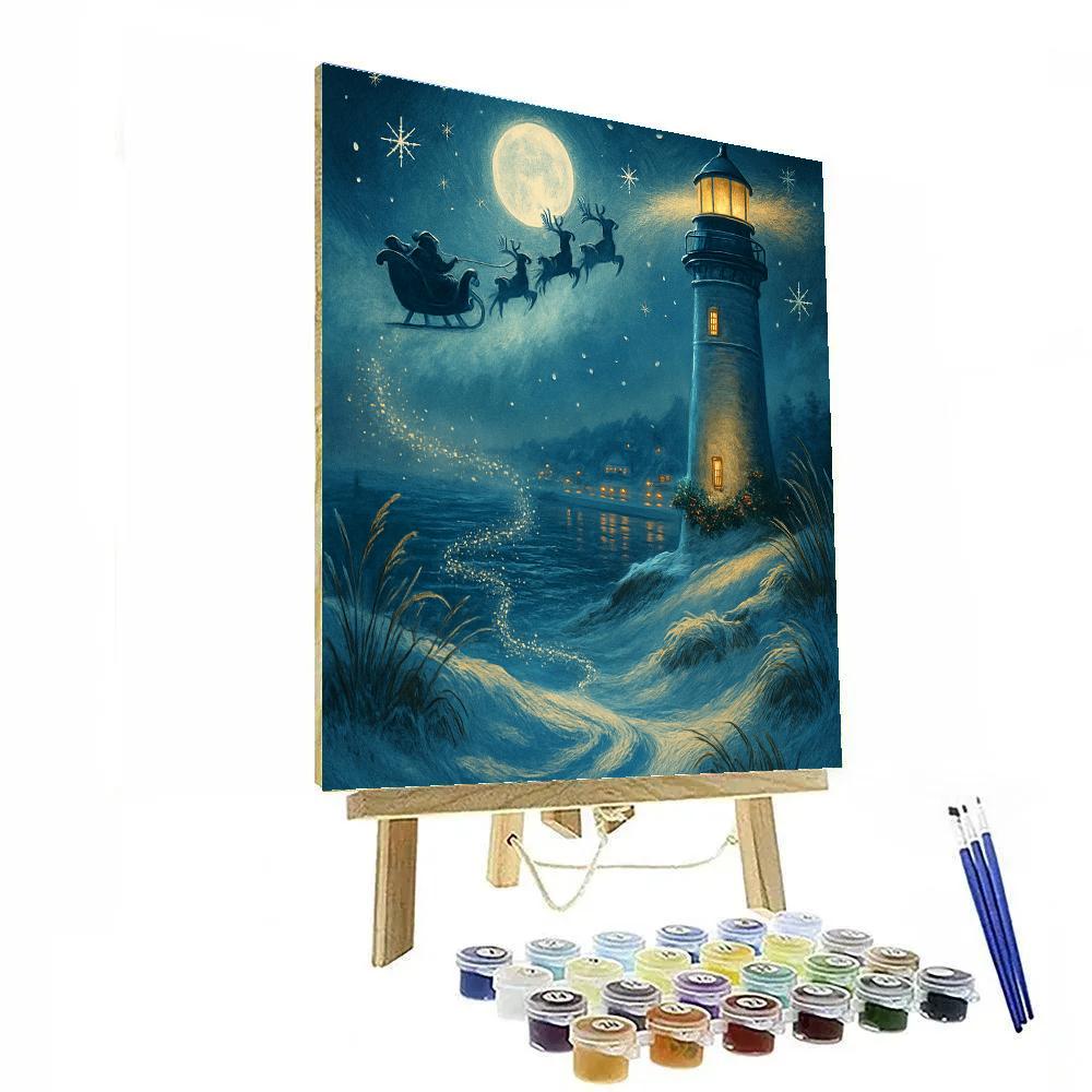 Santa Sleigh Over The Snowy Lighthouse Bay Painting by numbers kit
