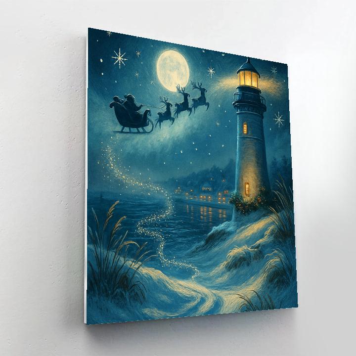 Santa Sleigh Over The Snowy Lighthouse Bay Painting by numbers kit