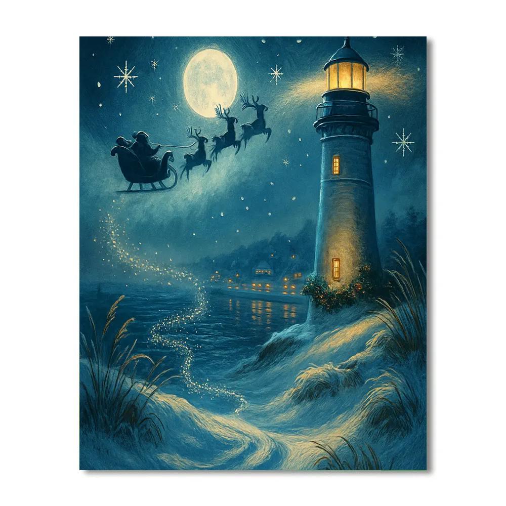 Santa Sleigh Over The Snowy Lighthouse Bay Painting by numbers kit