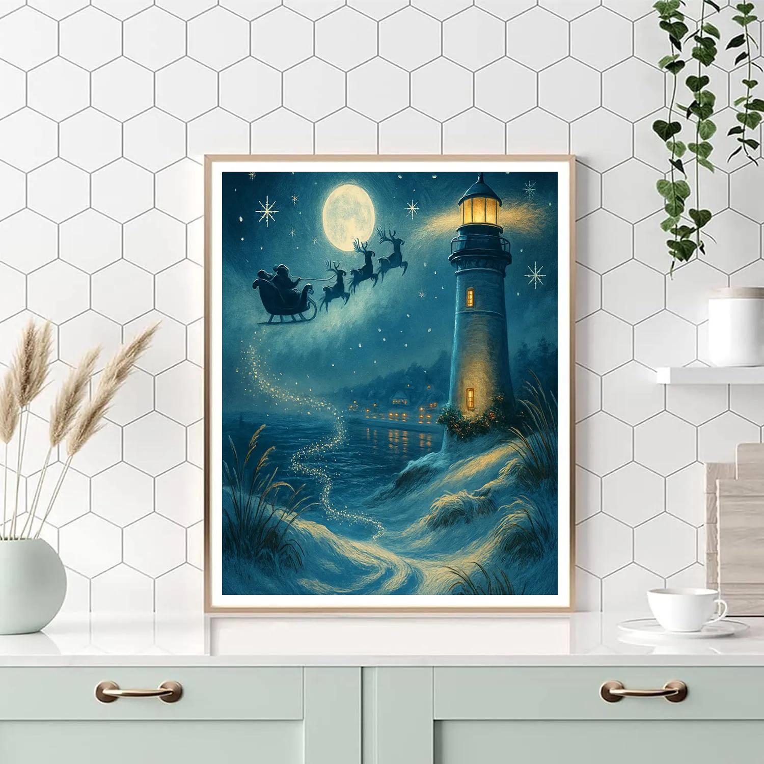 Santa Sleigh Over The Snowy Lighthouse Bay Painting by numbers kit