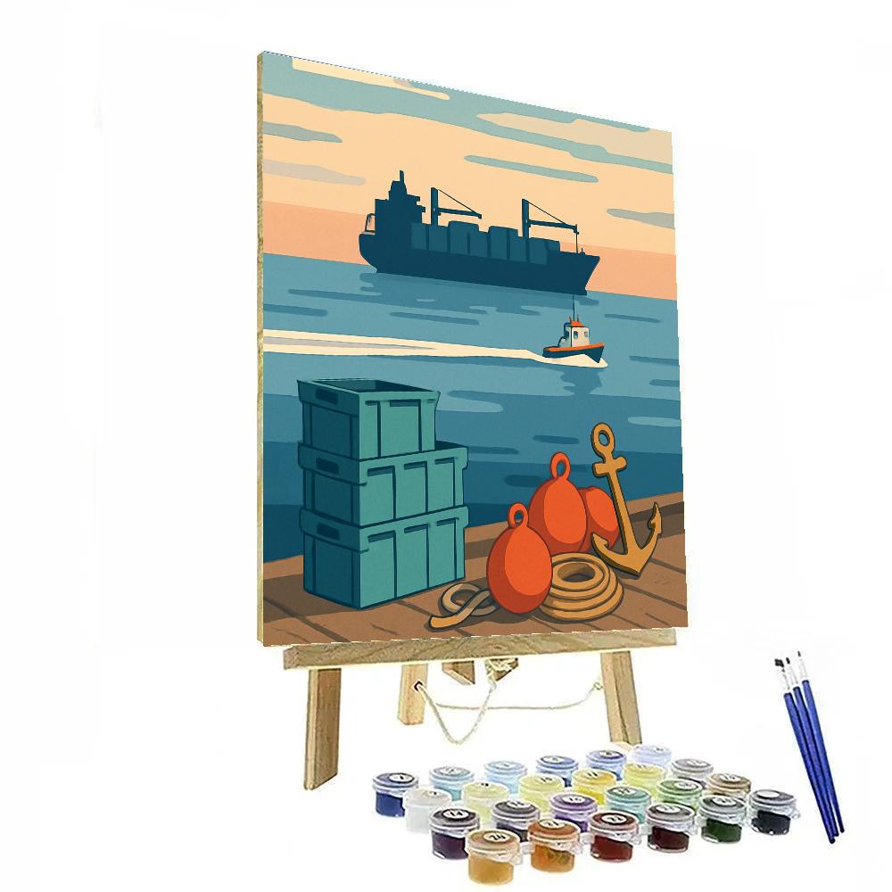 Harbor Market At Dawn With Ship Silhouette Number painting