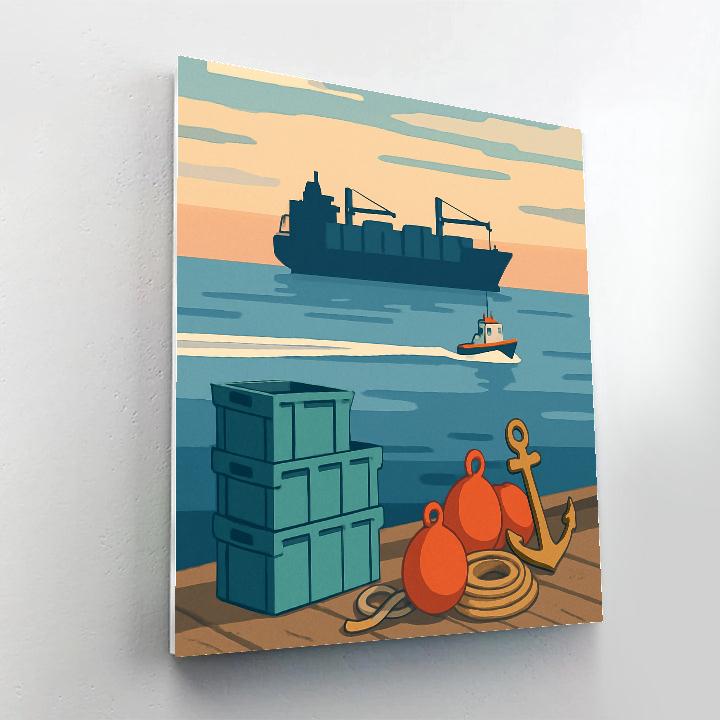 Harbor Market At Dawn With Ship Silhouette Number painting