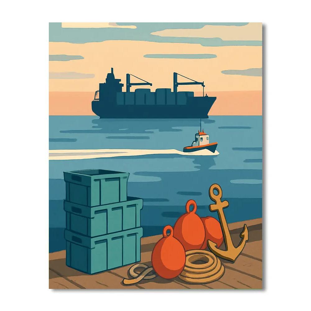 Harbor Market At Dawn With Ship Silhouette Number painting