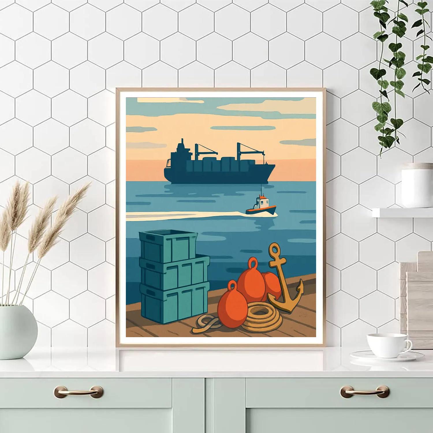 Harbor Market At Dawn With Ship Silhouette Number painting