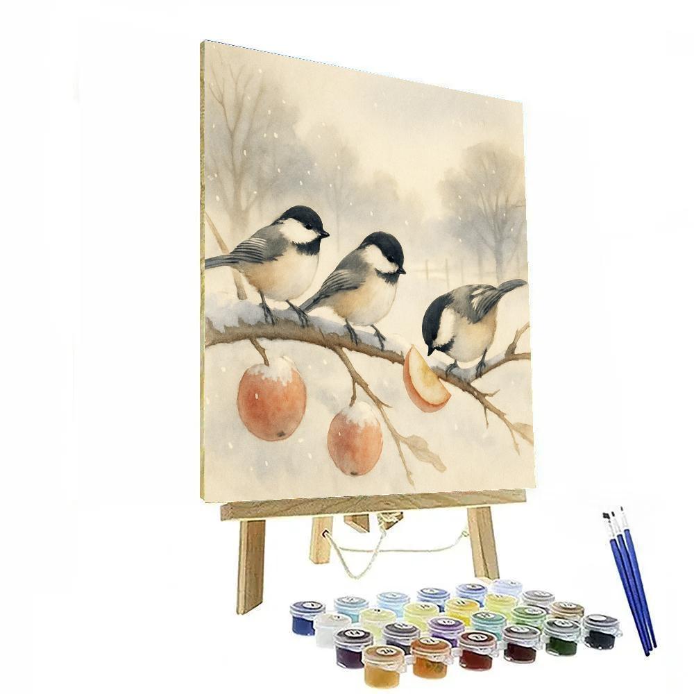 Snowy Orchard Chickadees And Warm Apple Boughs paint by color