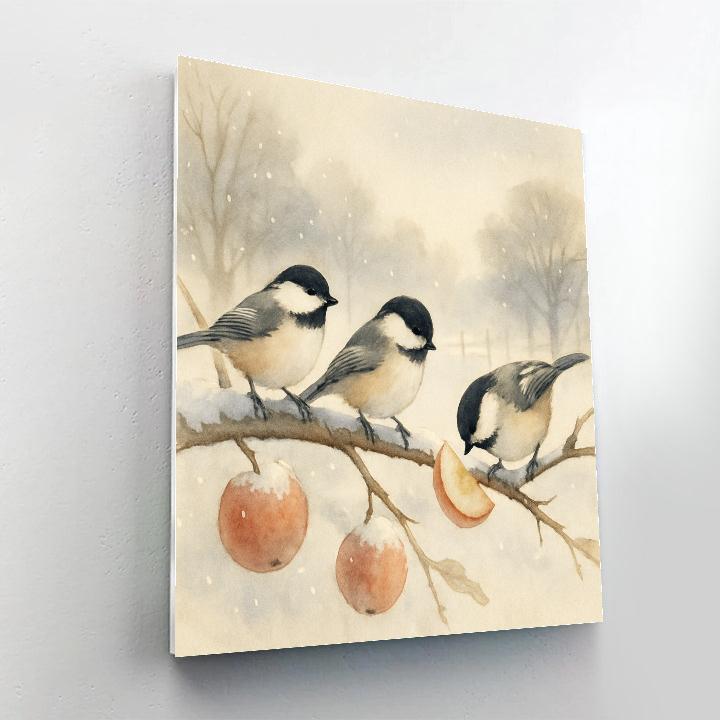 Snowy Orchard Chickadees And Warm Apple Boughs paint by color