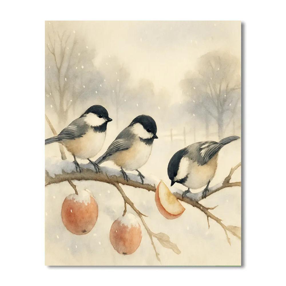 Snowy Orchard Chickadees And Warm Apple Boughs paint by color