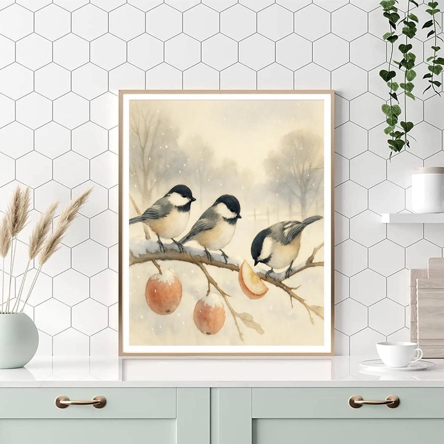 Snowy Orchard Chickadees And Warm Apple Boughs paint by color