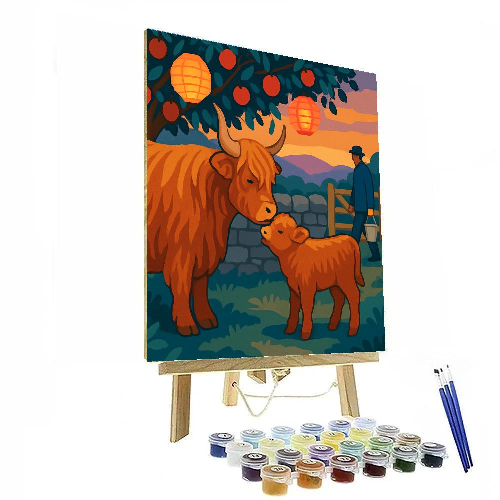 Highland Cow With Orchard Lanterns Paint by numbers art