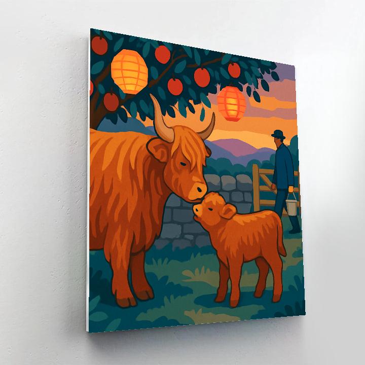 Highland Cow With Orchard Lanterns Paint by numbers art