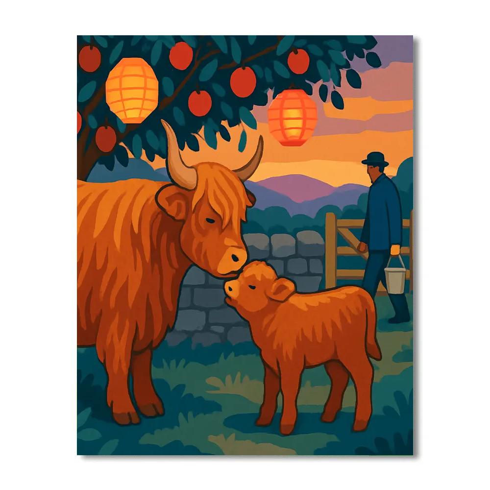Highland Cow With Orchard Lanterns Paint by numbers art