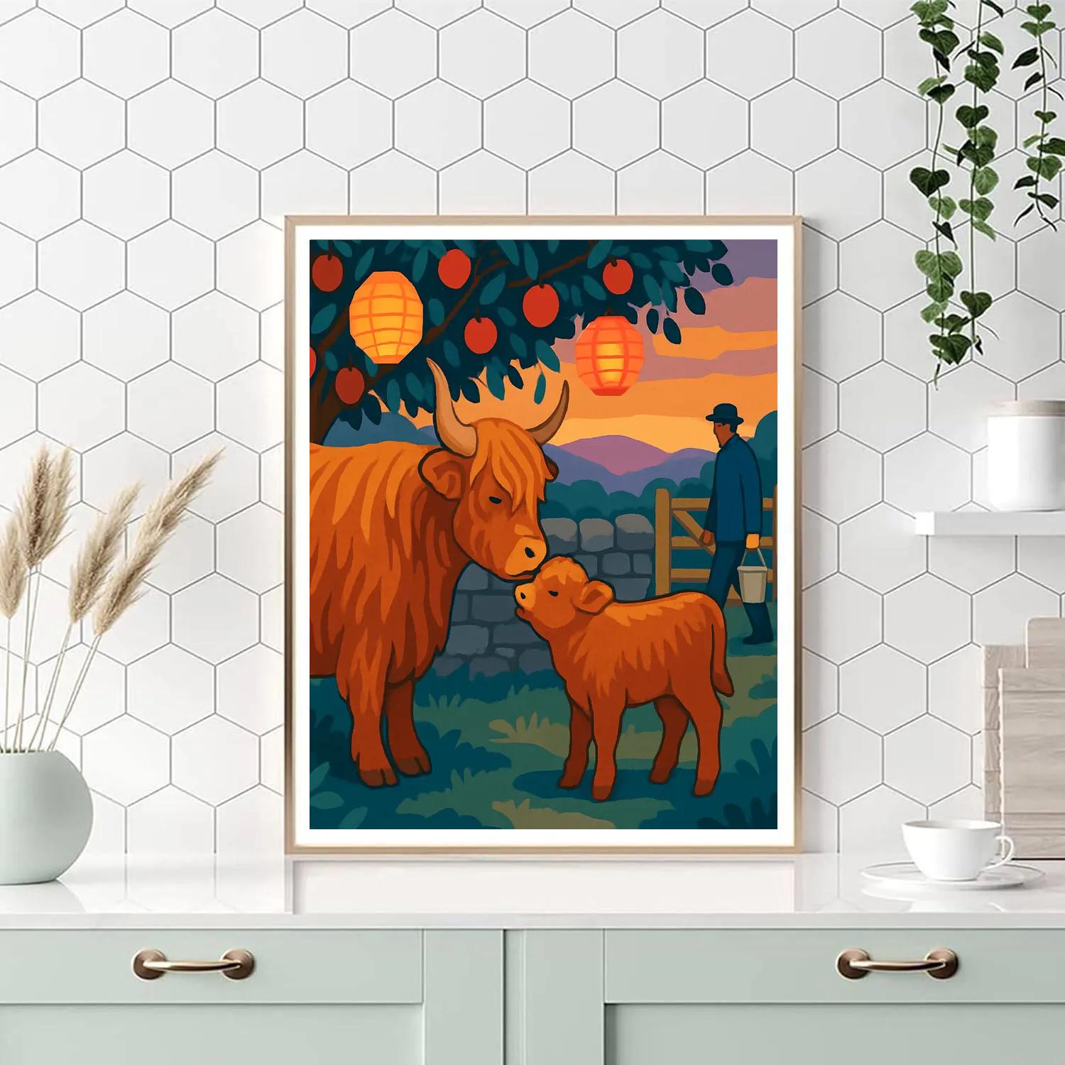 Highland Cow With Orchard Lanterns Paint by numbers art