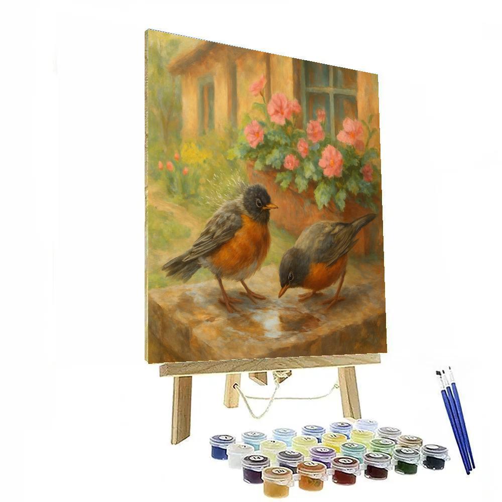 Spring Windowbox Robins After Rain paint by number