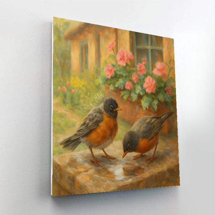 Spring Windowbox Robins After Rain paint by number